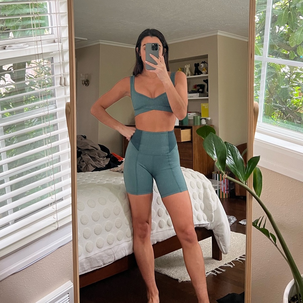 For Love & Lemons Teal Bra & Biker Shorts Set